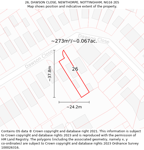 26, DAWSON CLOSE, NEWTHORPE, NOTTINGHAM, NG16 2ES: Plot and title map