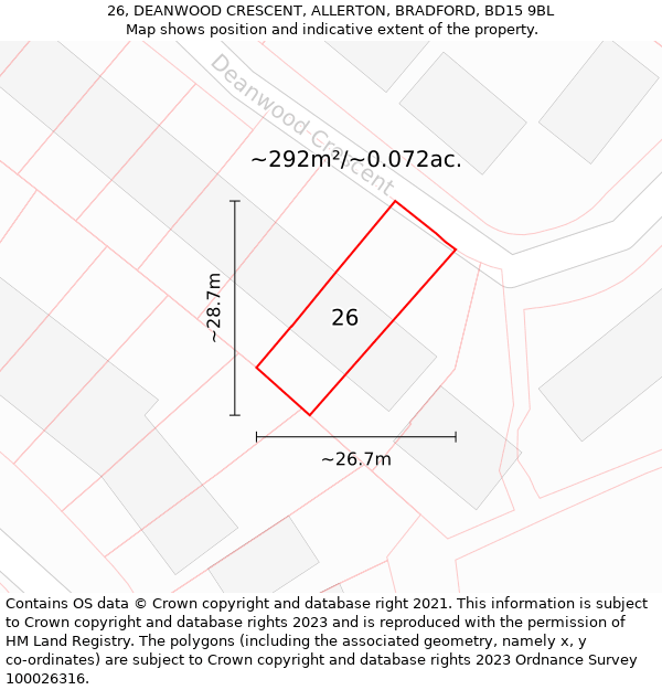 26, DEANWOOD CRESCENT, ALLERTON, BRADFORD, BD15 9BL: Plot and title map