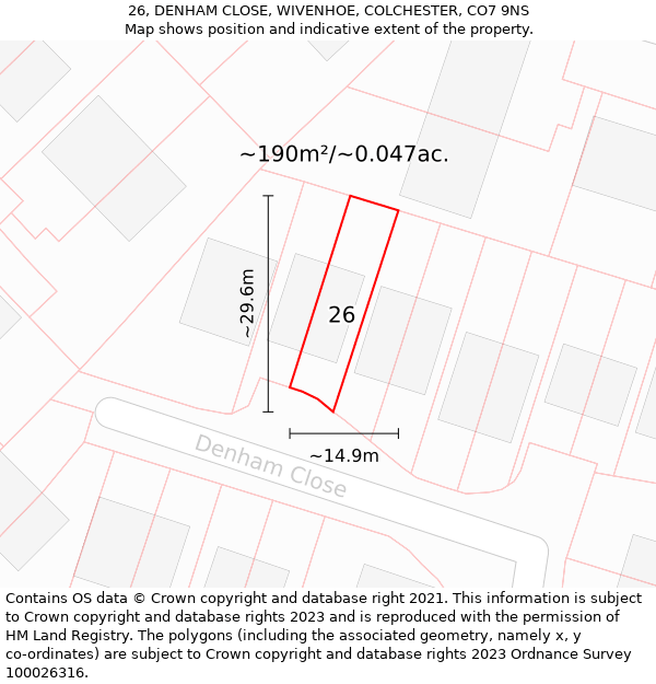 26, DENHAM CLOSE, WIVENHOE, COLCHESTER, CO7 9NS: Plot and title map