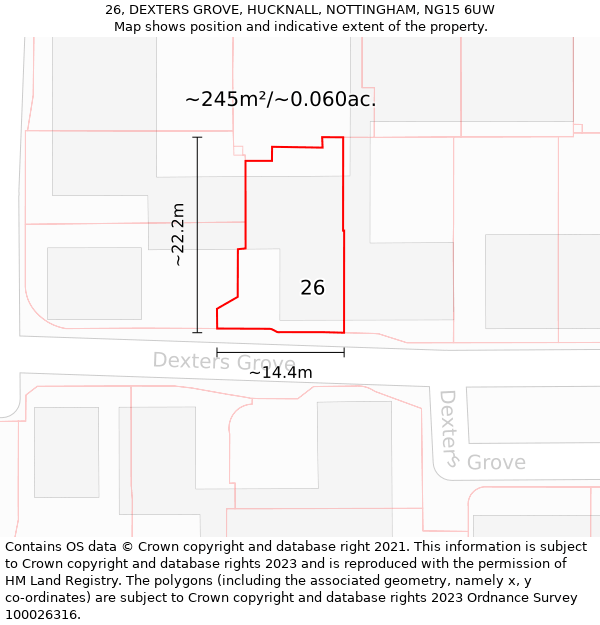 26, DEXTERS GROVE, HUCKNALL, NOTTINGHAM, NG15 6UW: Plot and title map