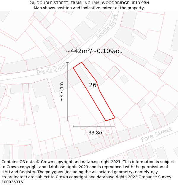 26, DOUBLE STREET, FRAMLINGHAM, WOODBRIDGE, IP13 9BN: Plot and title map