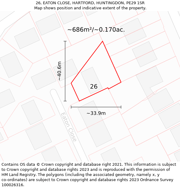 26, EATON CLOSE, HARTFORD, HUNTINGDON, PE29 1SR: Plot and title map