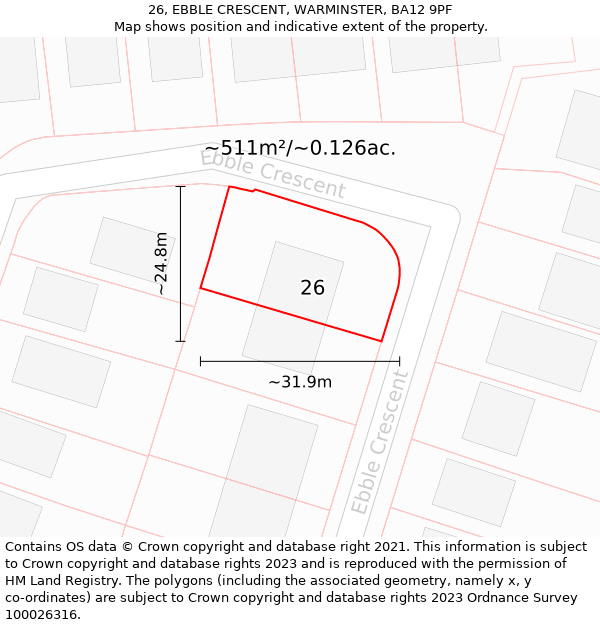 26, EBBLE CRESCENT, WARMINSTER, BA12 9PF: Plot and title map