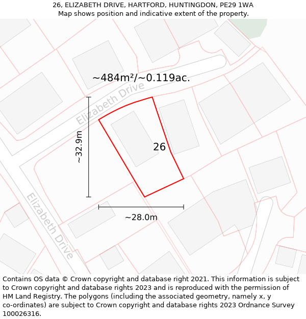 26, ELIZABETH DRIVE, HARTFORD, HUNTINGDON, PE29 1WA: Plot and title map