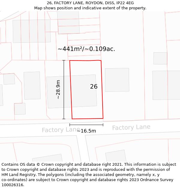 26, FACTORY LANE, ROYDON, DISS, IP22 4EG: Plot and title map