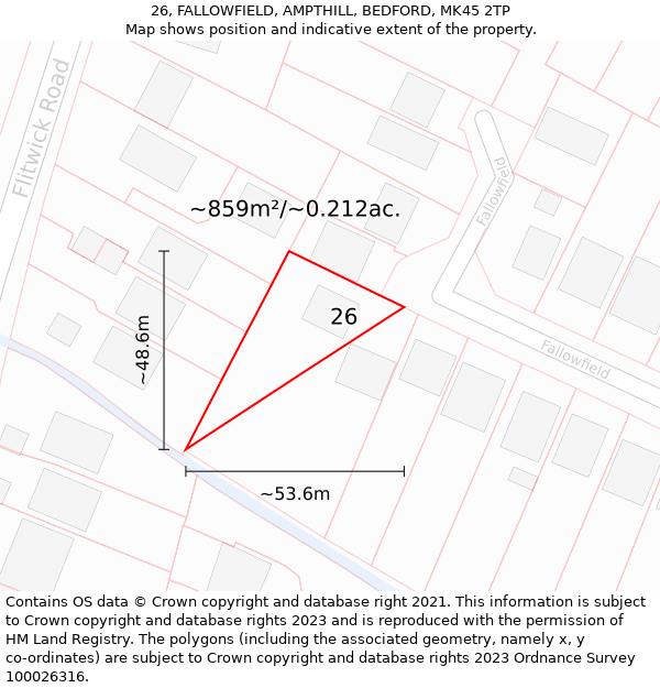 26, FALLOWFIELD, AMPTHILL, BEDFORD, MK45 2TP: Plot and title map