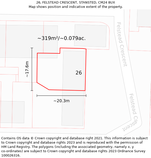 26, FELSTEAD CRESCENT, STANSTED, CM24 8UX: Plot and title map