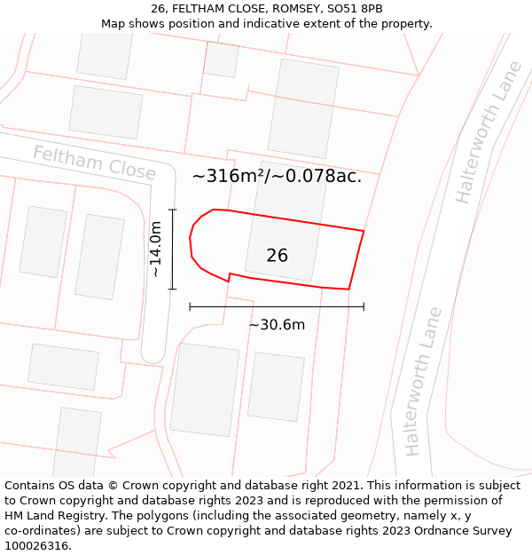 26, FELTHAM CLOSE, ROMSEY, SO51 8PB: Plot and title map