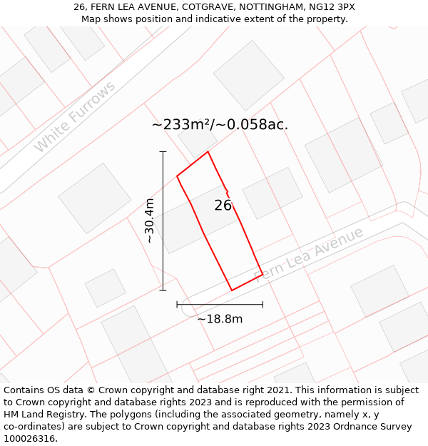 26, FERN LEA AVENUE, COTGRAVE, NOTTINGHAM, NG12 3PX: Plot and title map