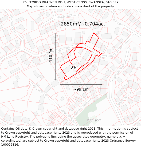 26, FFORDD DRAENEN DDU, WEST CROSS, SWANSEA, SA3 5RP: Plot and title map