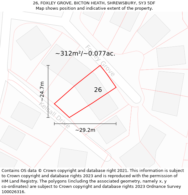 26, FOXLEY GROVE, BICTON HEATH, SHREWSBURY, SY3 5DF: Plot and title map