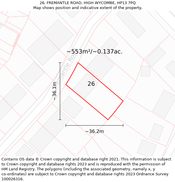 26, FREMANTLE ROAD, HIGH WYCOMBE, HP13 7PQ: Plot and title map