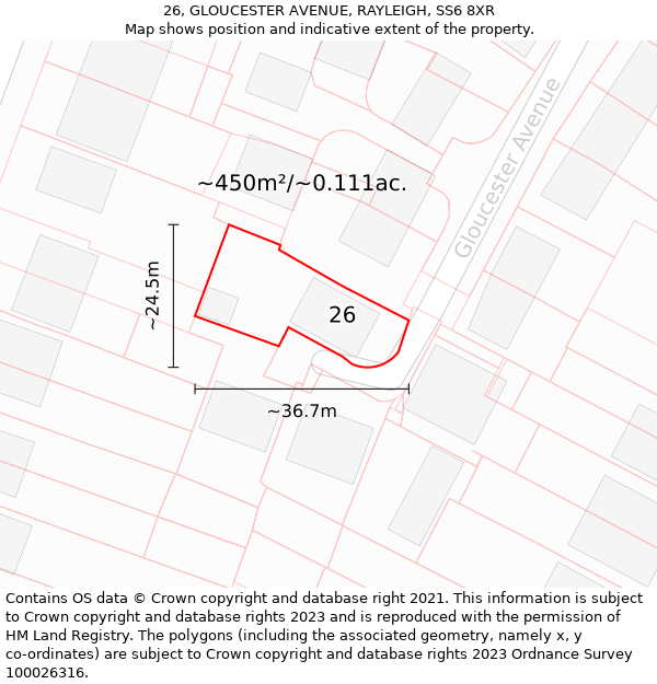 26, GLOUCESTER AVENUE, RAYLEIGH, SS6 8XR: Plot and title map