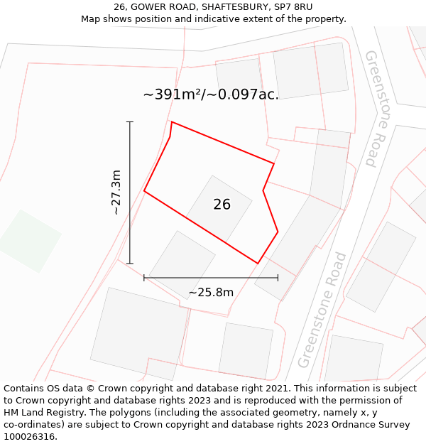 26, GOWER ROAD, SHAFTESBURY, SP7 8RU: Plot and title map