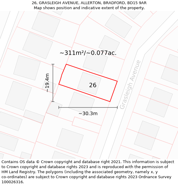 26, GRASLEIGH AVENUE, ALLERTON, BRADFORD, BD15 9AR: Plot and title map