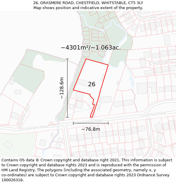 26, GRASMERE ROAD, CHESTFIELD, WHITSTABLE, CT5 3LY: Plot and title map