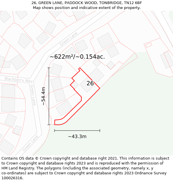 26, GREEN LANE, PADDOCK WOOD, TONBRIDGE, TN12 6BF: Plot and title map