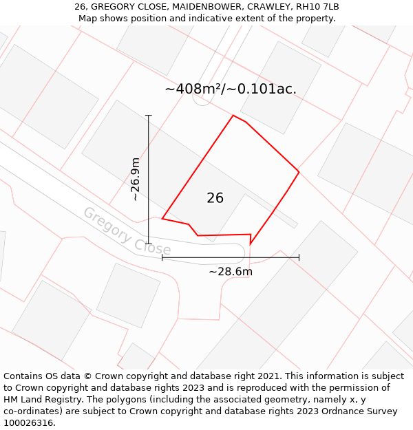 26, GREGORY CLOSE, MAIDENBOWER, CRAWLEY, RH10 7LB: Plot and title map