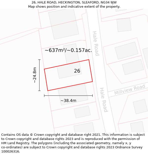 26, HALE ROAD, HECKINGTON, SLEAFORD, NG34 9JW: Plot and title map