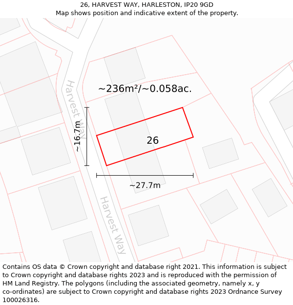 26, HARVEST WAY, HARLESTON, IP20 9GD: Plot and title map