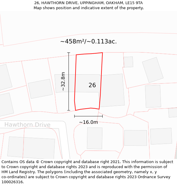 26, HAWTHORN DRIVE, UPPINGHAM, OAKHAM, LE15 9TA: Plot and title map