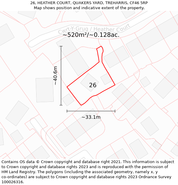 26, HEATHER COURT, QUAKERS YARD, TREHARRIS, CF46 5RP: Plot and title map
