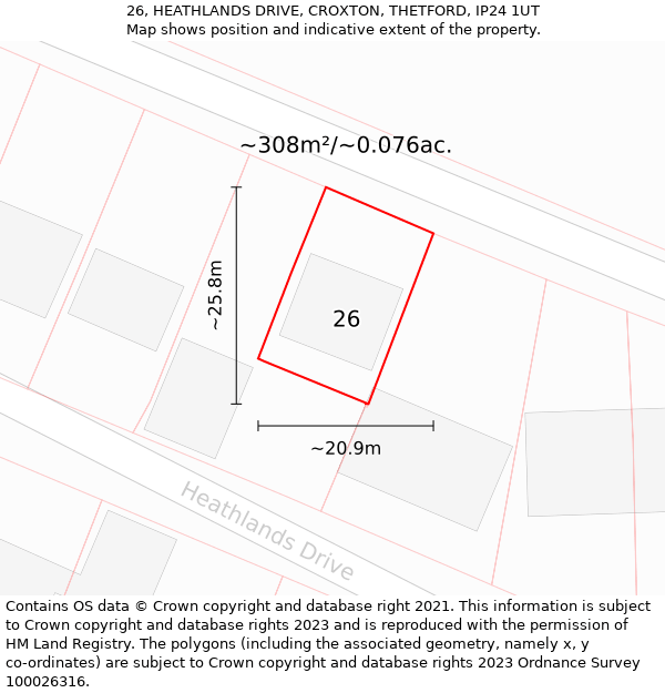 26, HEATHLANDS DRIVE, CROXTON, THETFORD, IP24 1UT: Plot and title map