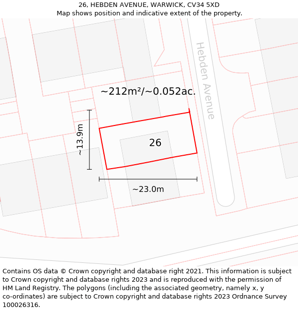 26, HEBDEN AVENUE, WARWICK, CV34 5XD: Plot and title map