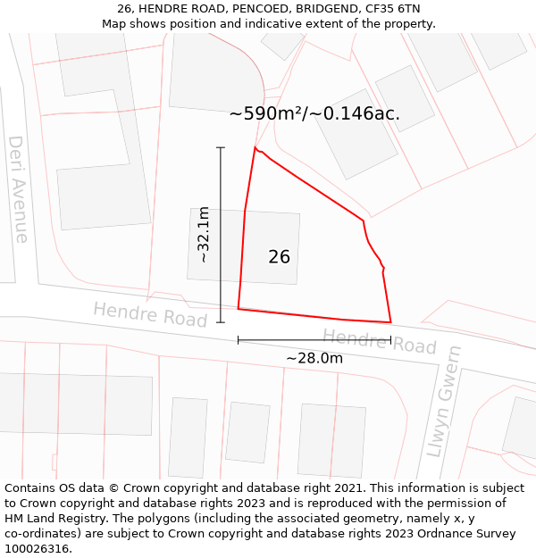 26, HENDRE ROAD, PENCOED, BRIDGEND, CF35 6TN: Plot and title map