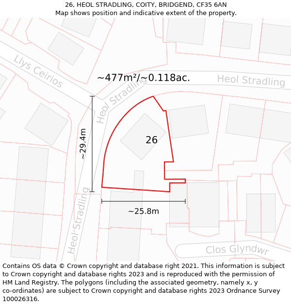 26, HEOL STRADLING, COITY, BRIDGEND, CF35 6AN: Plot and title map