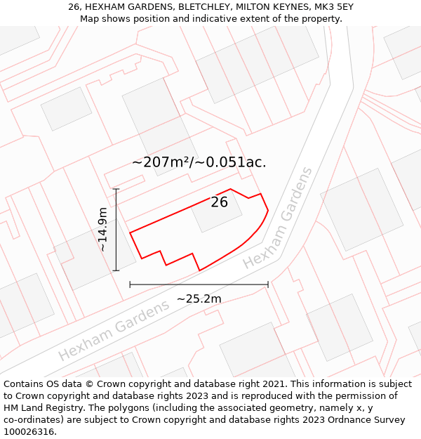 26, HEXHAM GARDENS, BLETCHLEY, MILTON KEYNES, MK3 5EY: Plot and title map