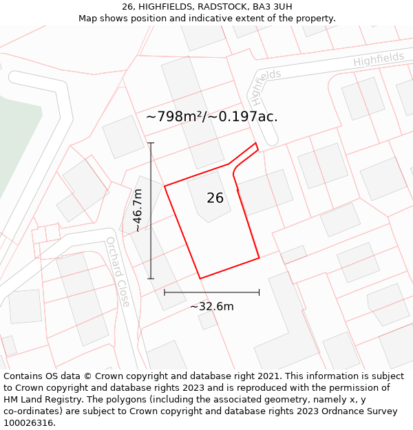 26, HIGHFIELDS, RADSTOCK, BA3 3UH: Plot and title map