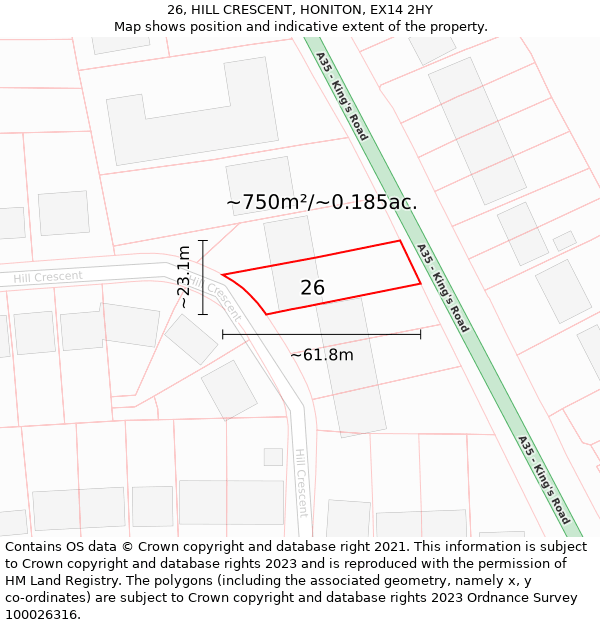 26, HILL CRESCENT, HONITON, EX14 2HY: Plot and title map