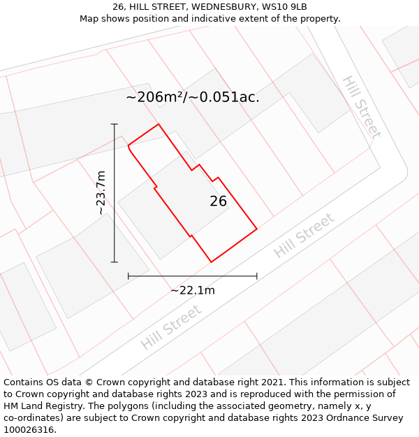 26, HILL STREET, WEDNESBURY, WS10 9LB: Plot and title map