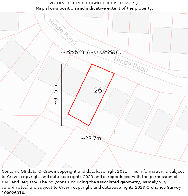 26, HINDE ROAD, BOGNOR REGIS, PO22 7QJ: Plot and title map