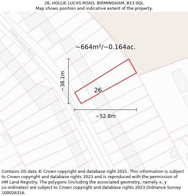 26, HOLLIE LUCAS ROAD, BIRMINGHAM, B13 0QL: Plot and title map