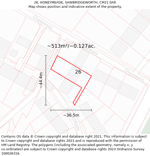 26, HONEYMEADE, SAWBRIDGEWORTH, CM21 0AR: Plot and title map