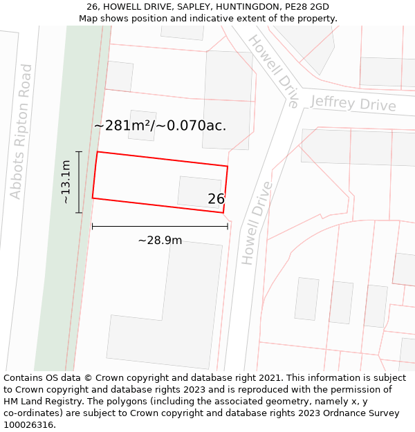 26, HOWELL DRIVE, SAPLEY, HUNTINGDON, PE28 2GD: Plot and title map