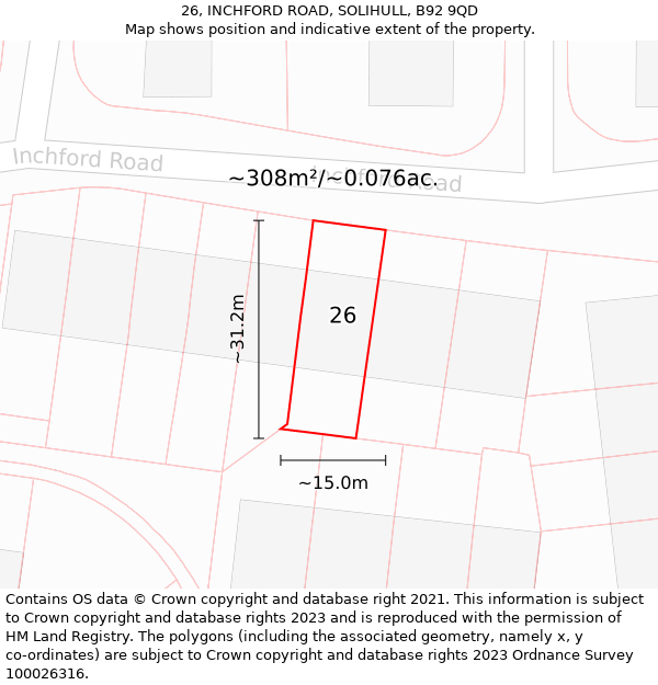 26, INCHFORD ROAD, SOLIHULL, B92 9QD: Plot and title map