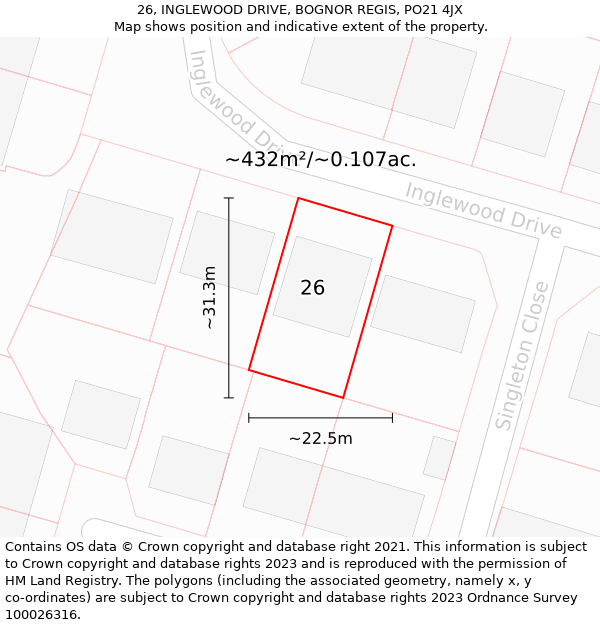 26, INGLEWOOD DRIVE, BOGNOR REGIS, PO21 4JX: Plot and title map