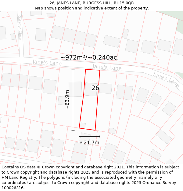 26, JANES LANE, BURGESS HILL, RH15 0QR: Plot and title map