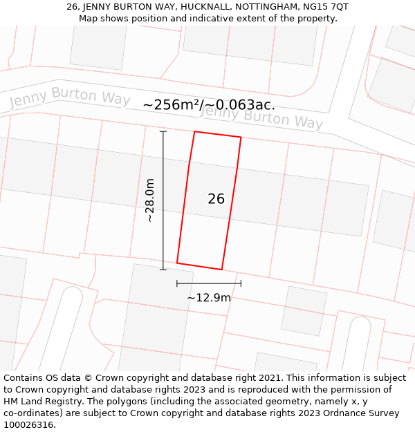 26, JENNY BURTON WAY, HUCKNALL, NOTTINGHAM, NG15 7QT: Plot and title map