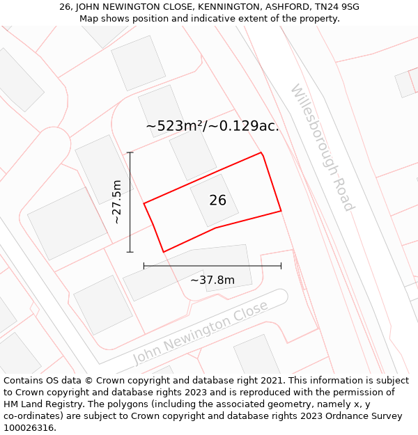 26, JOHN NEWINGTON CLOSE, KENNINGTON, ASHFORD, TN24 9SG: Plot and title map