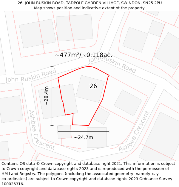 26, JOHN RUSKIN ROAD, TADPOLE GARDEN VILLAGE, SWINDON, SN25 2PU: Plot and title map