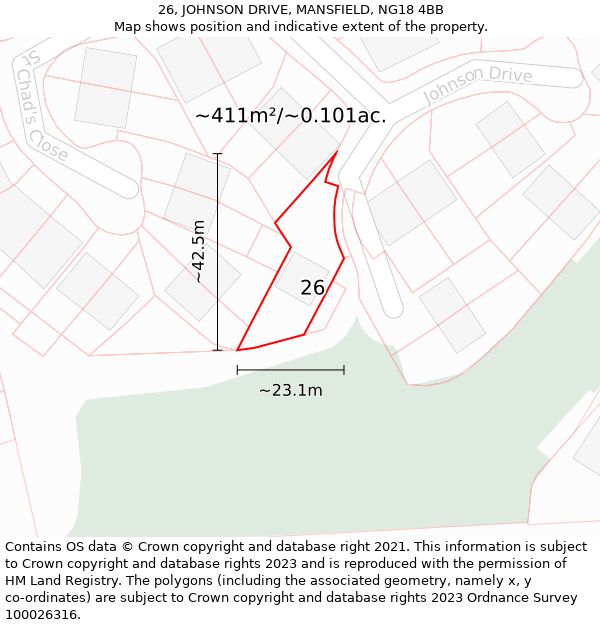 26, JOHNSON DRIVE, MANSFIELD, NG18 4BB: Plot and title map