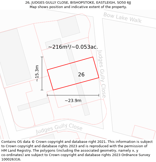 26, JUDGES GULLY CLOSE, BISHOPSTOKE, EASTLEIGH, SO50 6JJ: Plot and title map