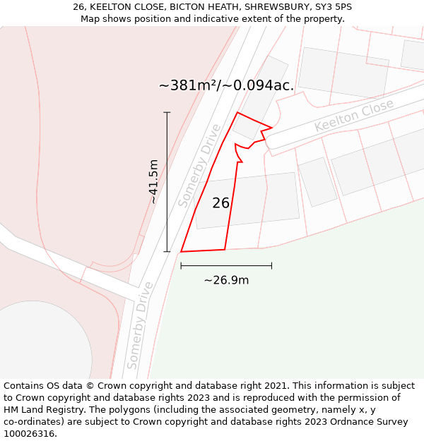 26, KEELTON CLOSE, BICTON HEATH, SHREWSBURY, SY3 5PS: Plot and title map