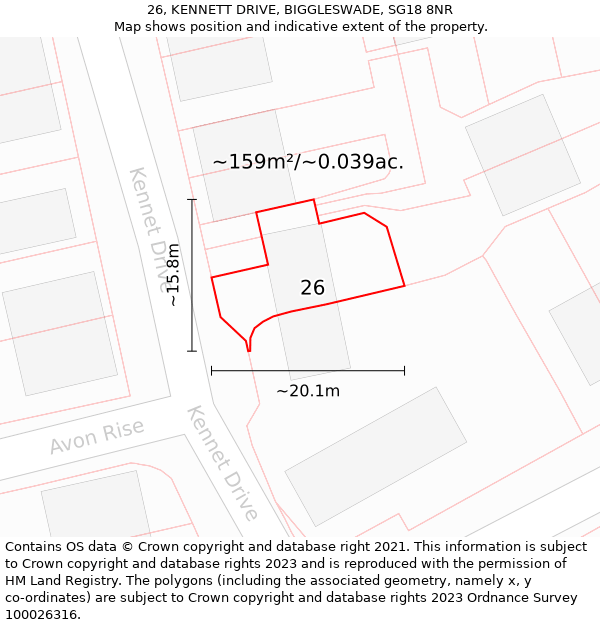 26, KENNETT DRIVE, BIGGLESWADE, SG18 8NR: Plot and title map