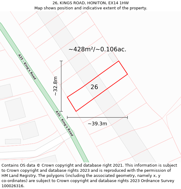 26, KINGS ROAD, HONITON, EX14 1HW: Plot and title map