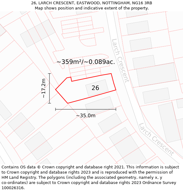 26, LARCH CRESCENT, EASTWOOD, NOTTINGHAM, NG16 3RB: Plot and title map